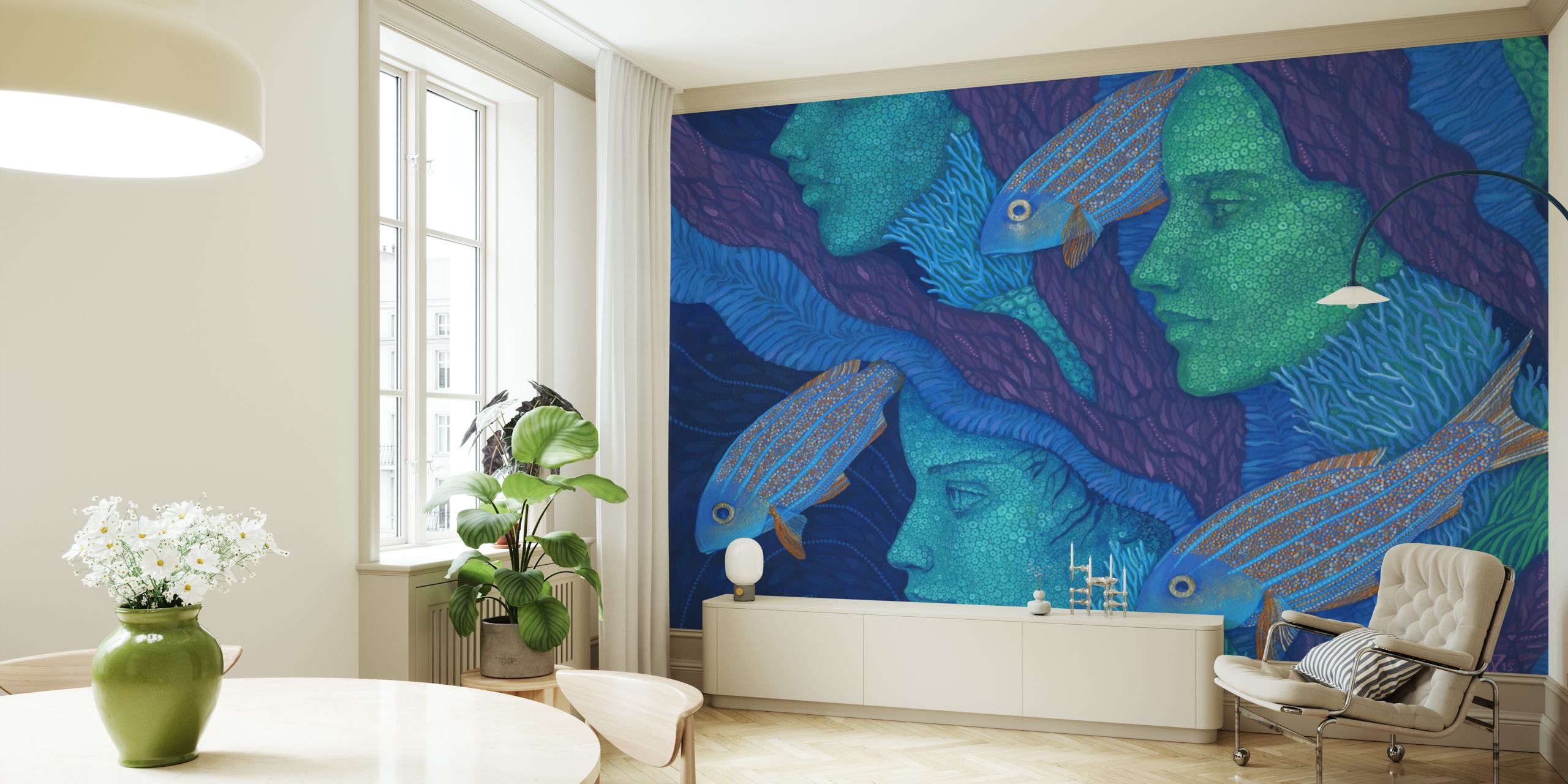 Mermaids and fish in vibrant blue and green colors wallpaper